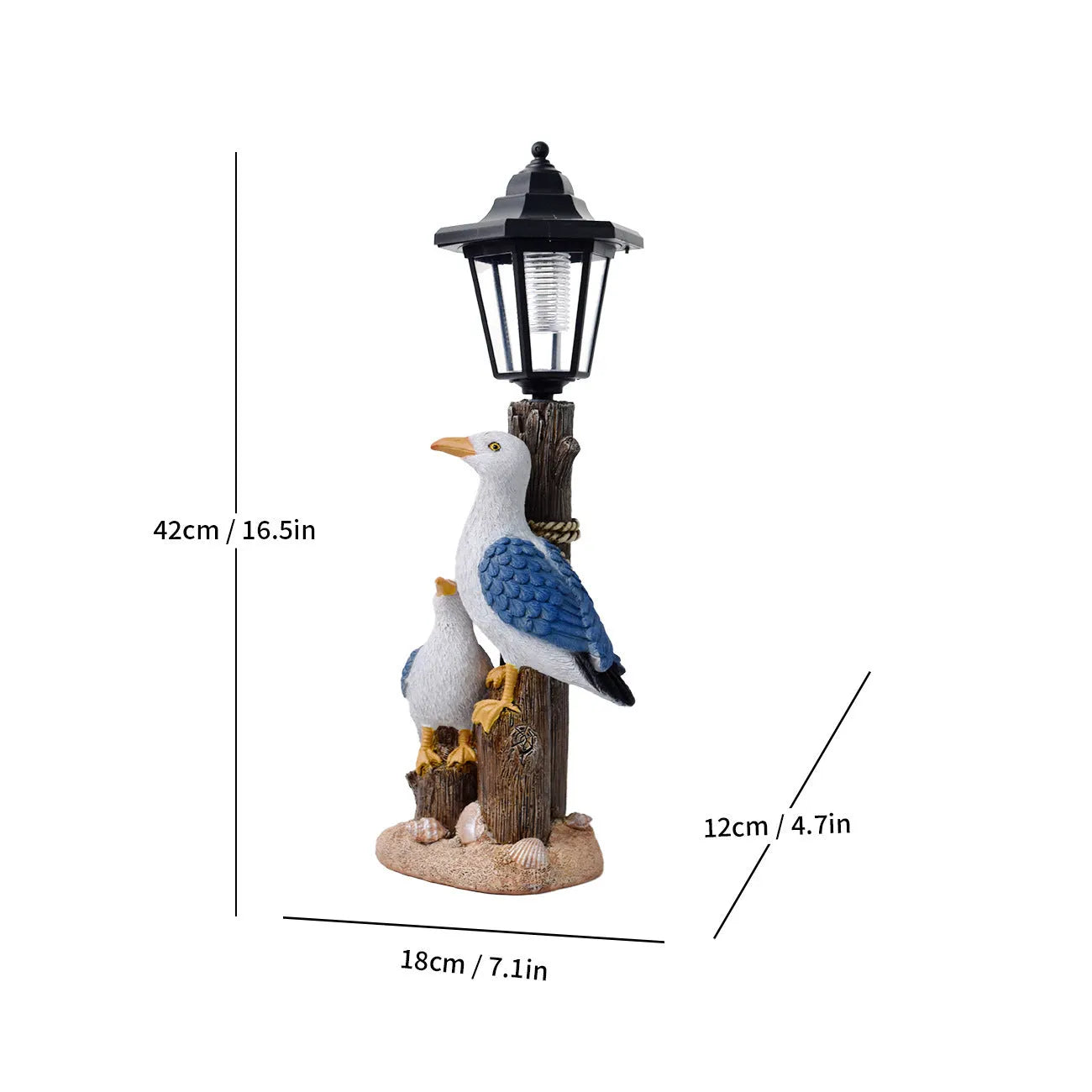 Solar hexagonal garden lamp with decorative resin figurine on plastic base for outdoor pathway lighting