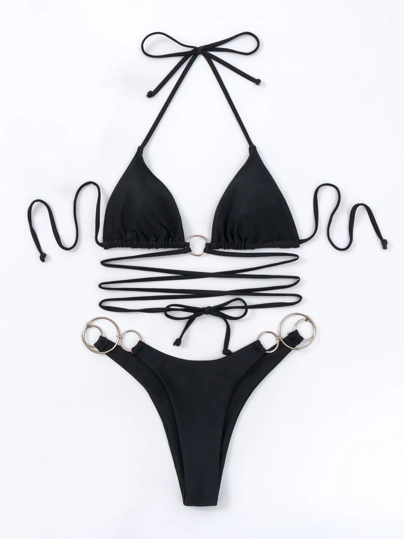 Black women's bikini set with metal ring straps and backless design