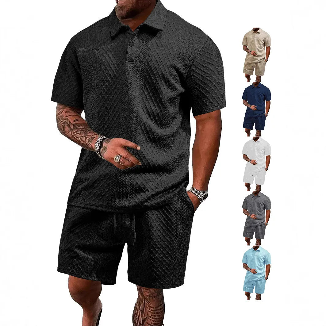 Men's patterned polyester casual suit set with short sleeve polo top and matching trousers