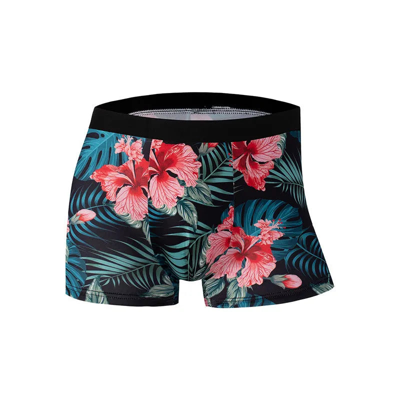 Men's ice silk underwear in polyester with floral print and mid-waist design