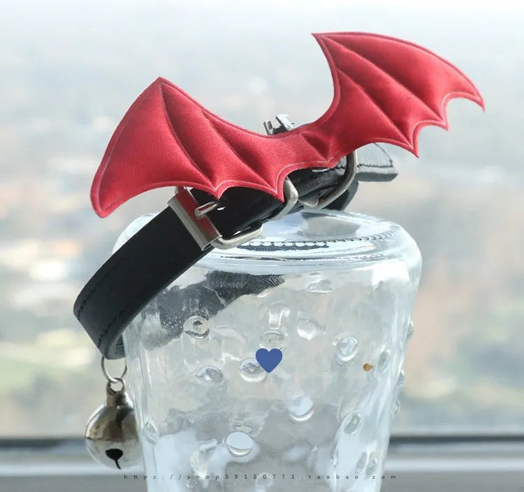 Small black patent leather dog collar with little devil wings charm and bell attached.