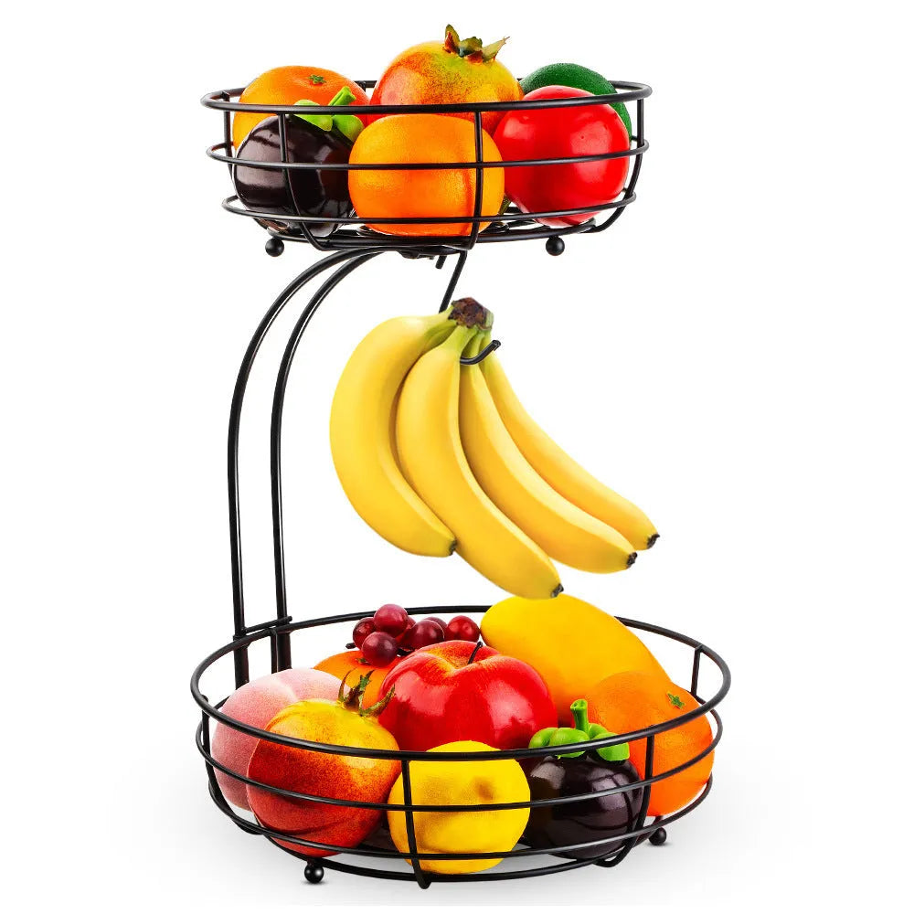 Double-layer black and gold wrought iron fruit basket with two storage tiers