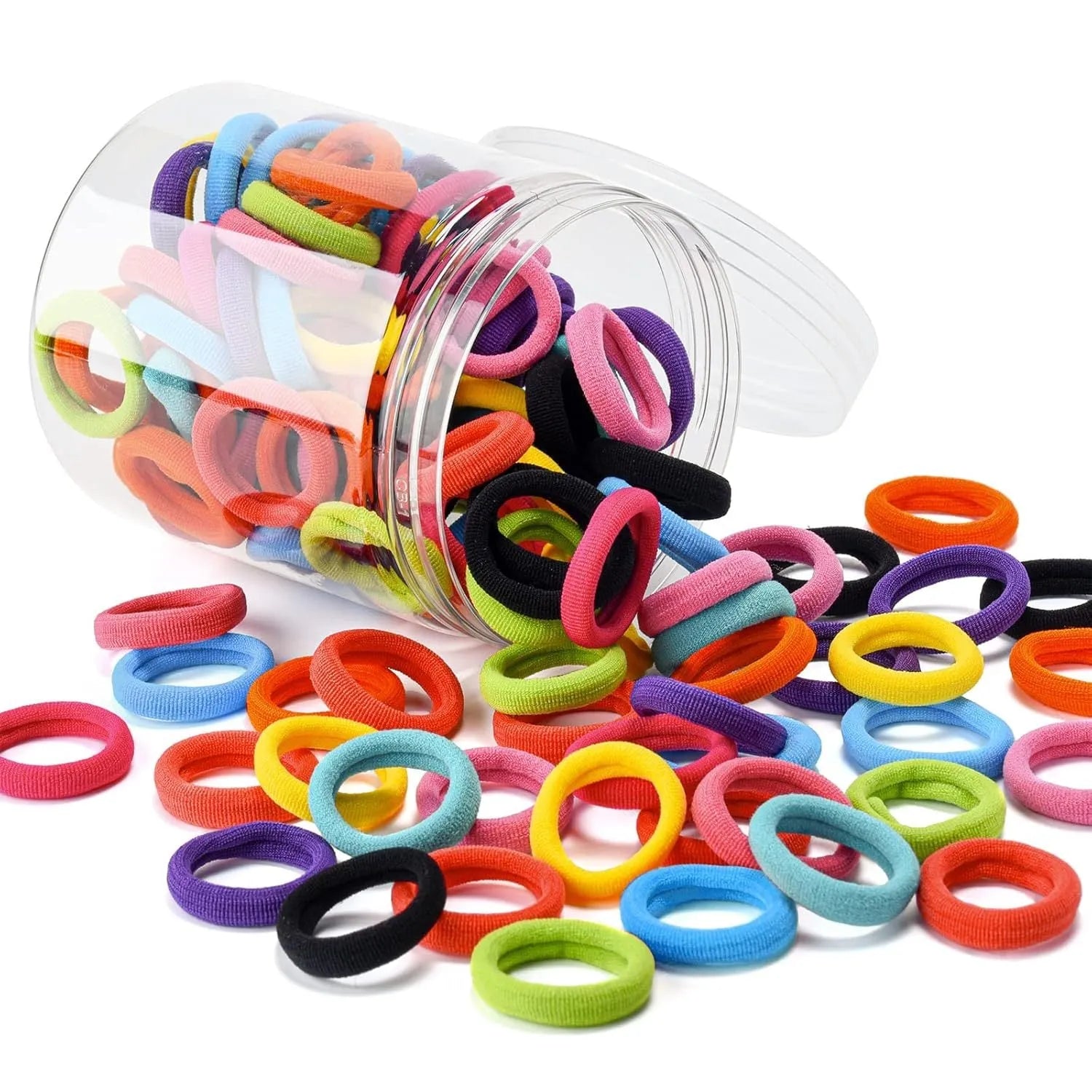 Pack of 100 multicolour seamless cotton baby hair ties for toddlers displayed in a jar