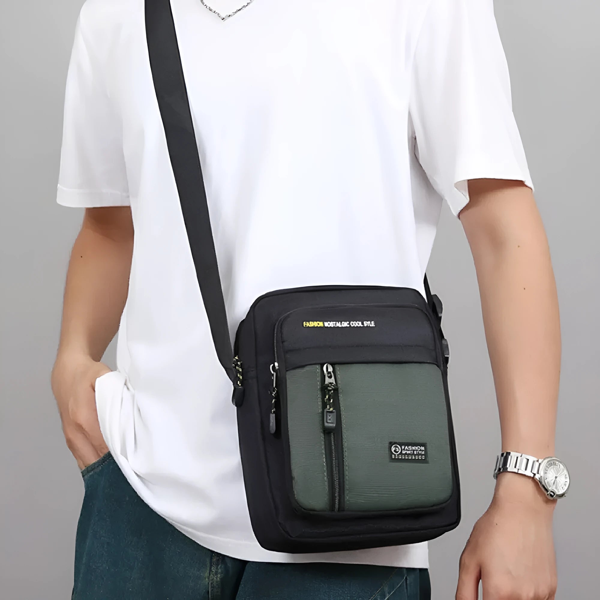 Men's nylon casual messenger bag with crossbody strap in four colour options