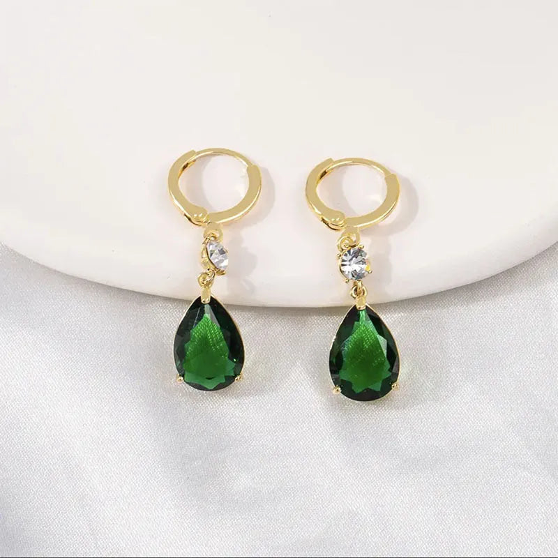 Pair of green geometric teardrop shaped alloy dangle earrings for women