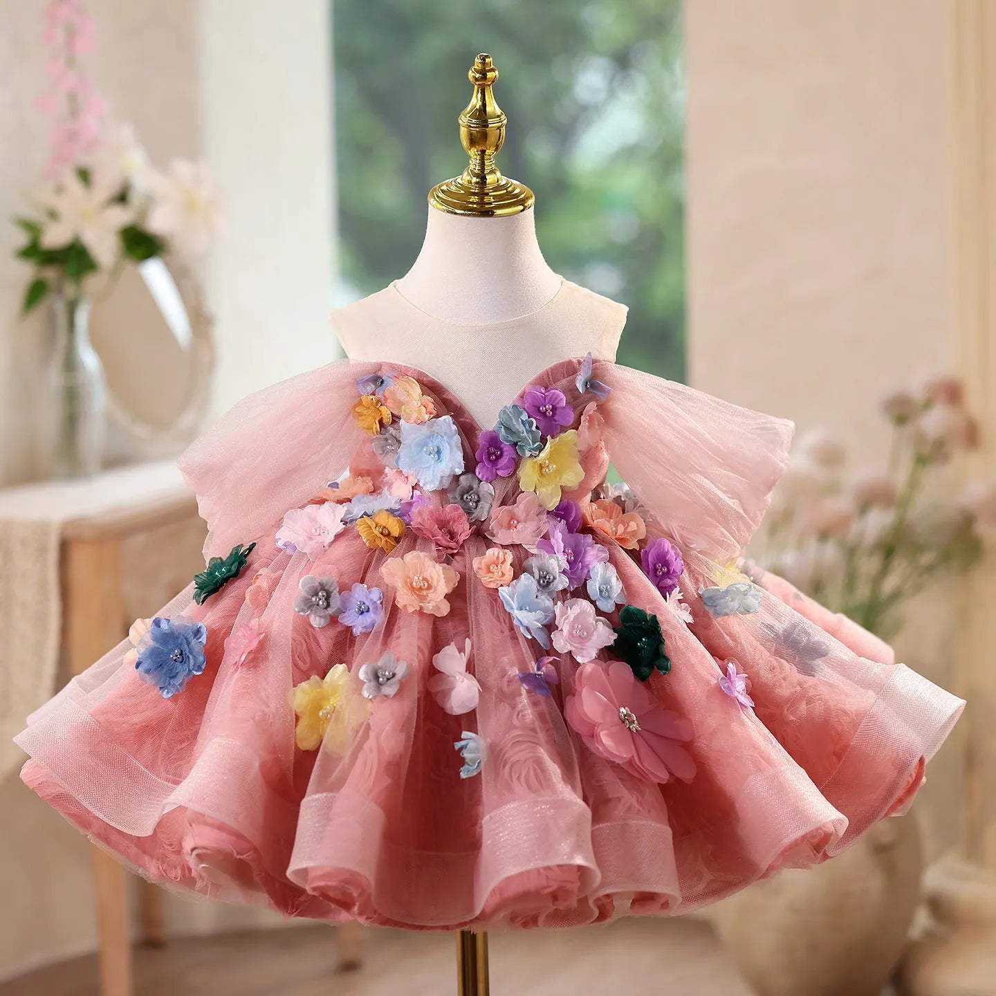 FARCENT Mori style girls' dress in Advanced Bean Pink polyester for piano performance, front view