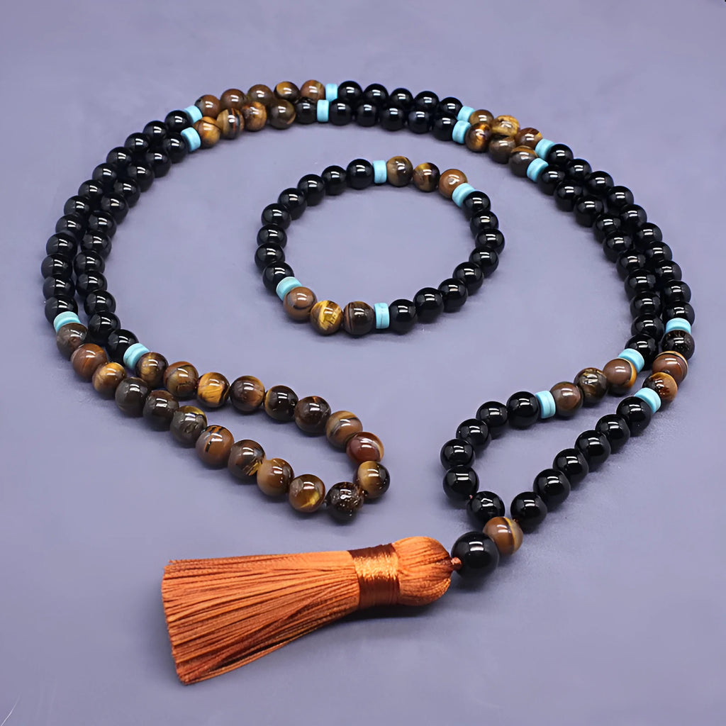 Black agate bracelet and tigereye stone necklace geometric jewellery set