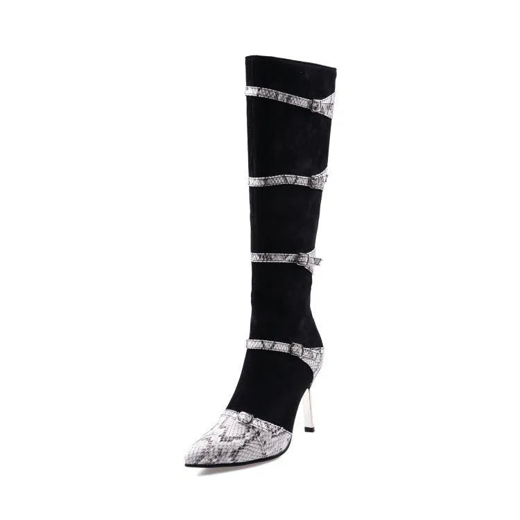 Grey and black women's knee-high high-heel boots with a thin 9cm heel and velvet lining.