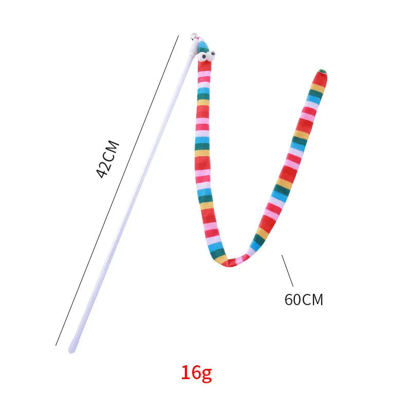Cat wand toy with polycarbonate handle and long plush strip in vivid colours