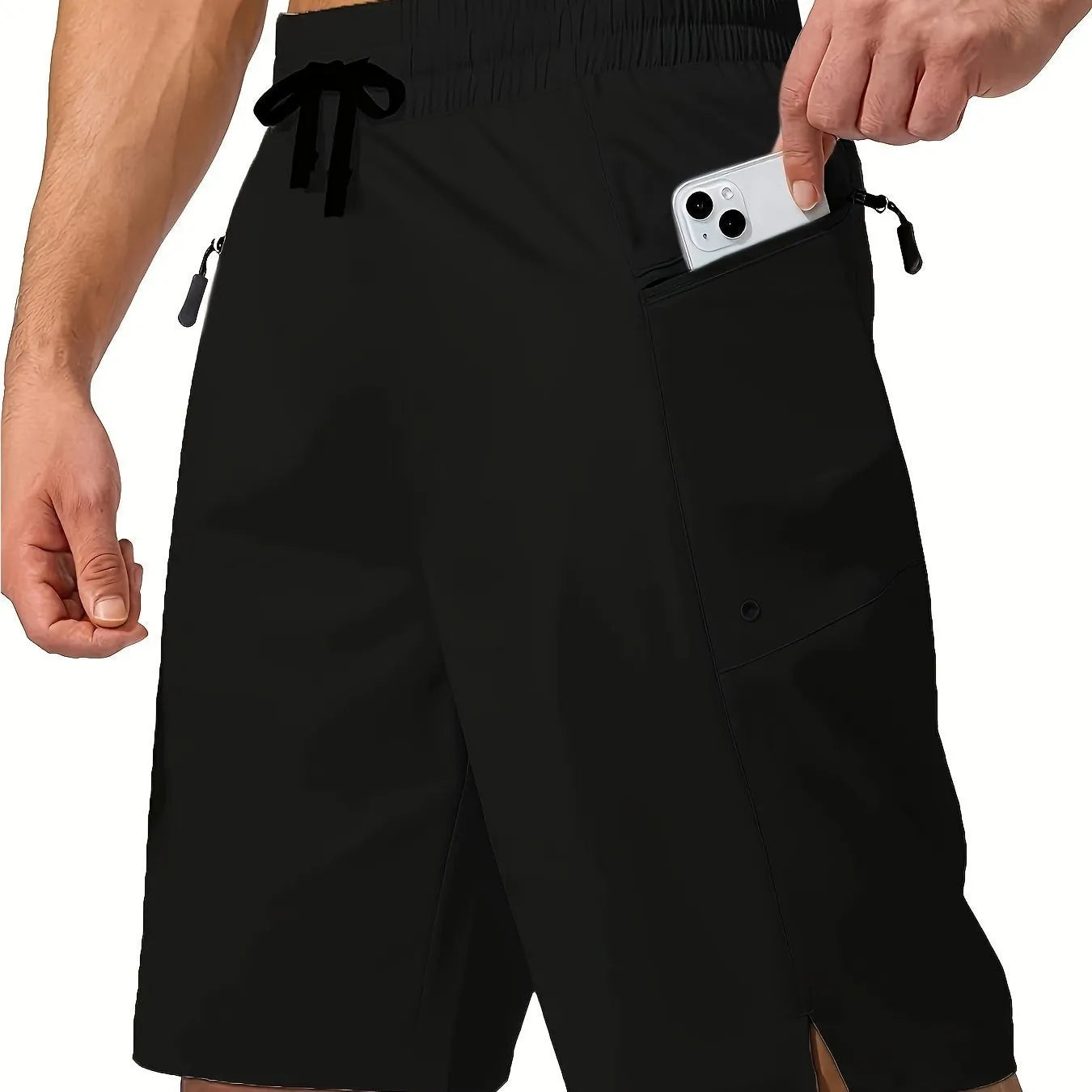 Men's solid colour quick-drying polyester beach shorts in straight leg cut