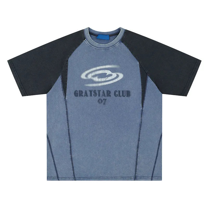 Men's blue hip hop letter print t-shirt with raglan sleeves and loose fit design