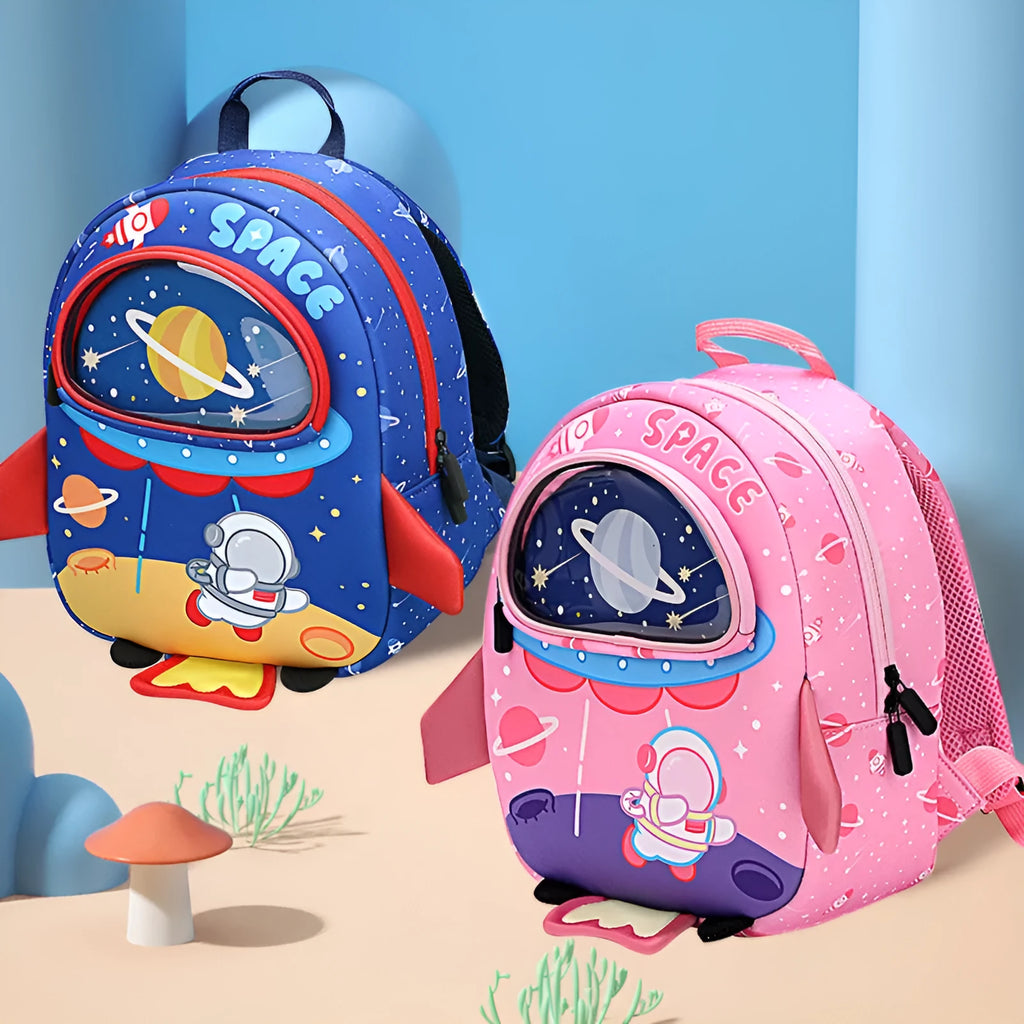 Breathable cartoon rocket anti lost kids backpack in pink SBR diving material with astronaut print