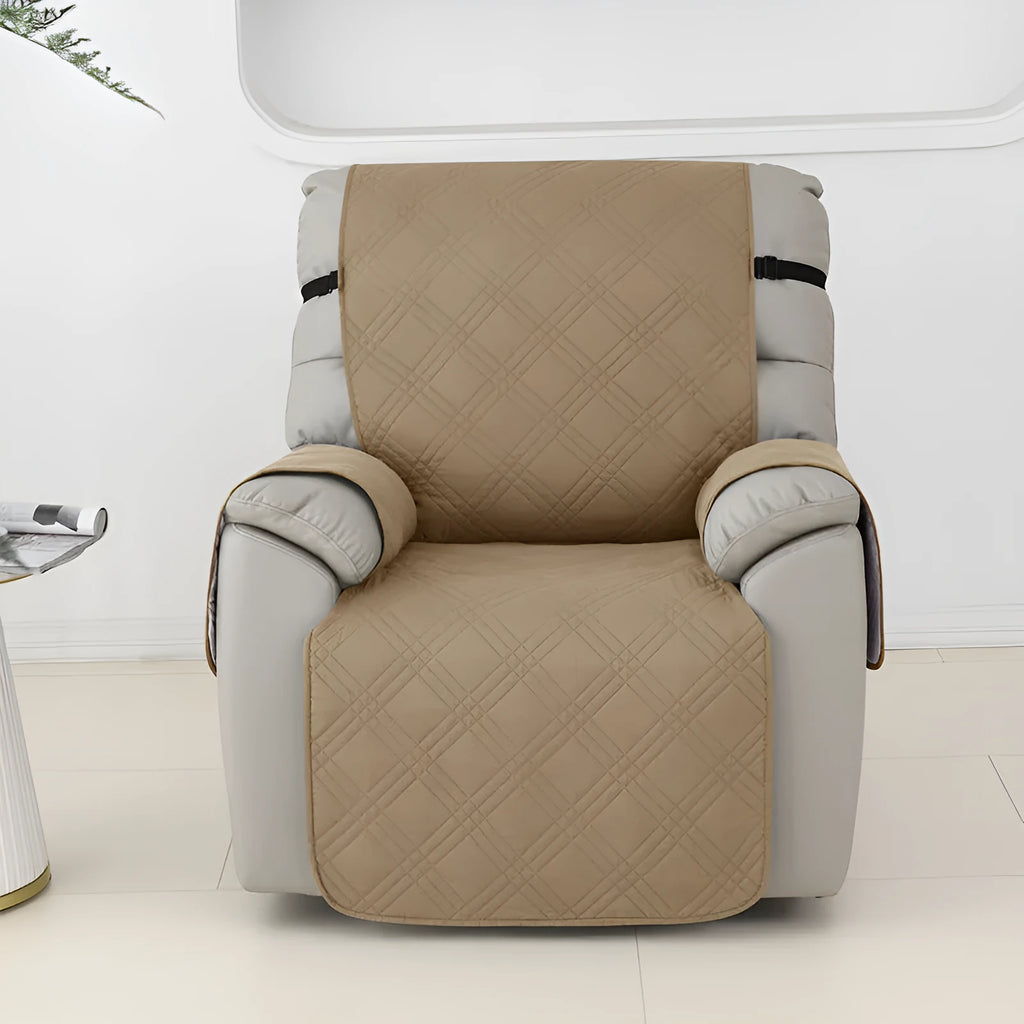 Quilted waterproof sofa cover on a Chivas massage chair in peacock blue colour.