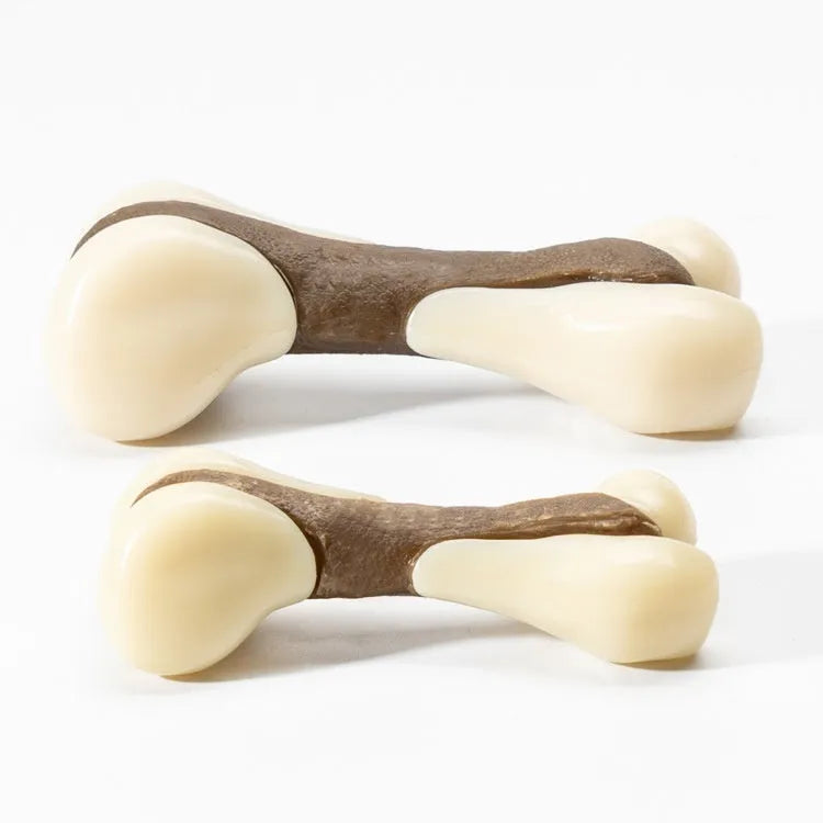 Durable dog bone grinding chew toy made from brown cowhide and nylon in small and large sizes.