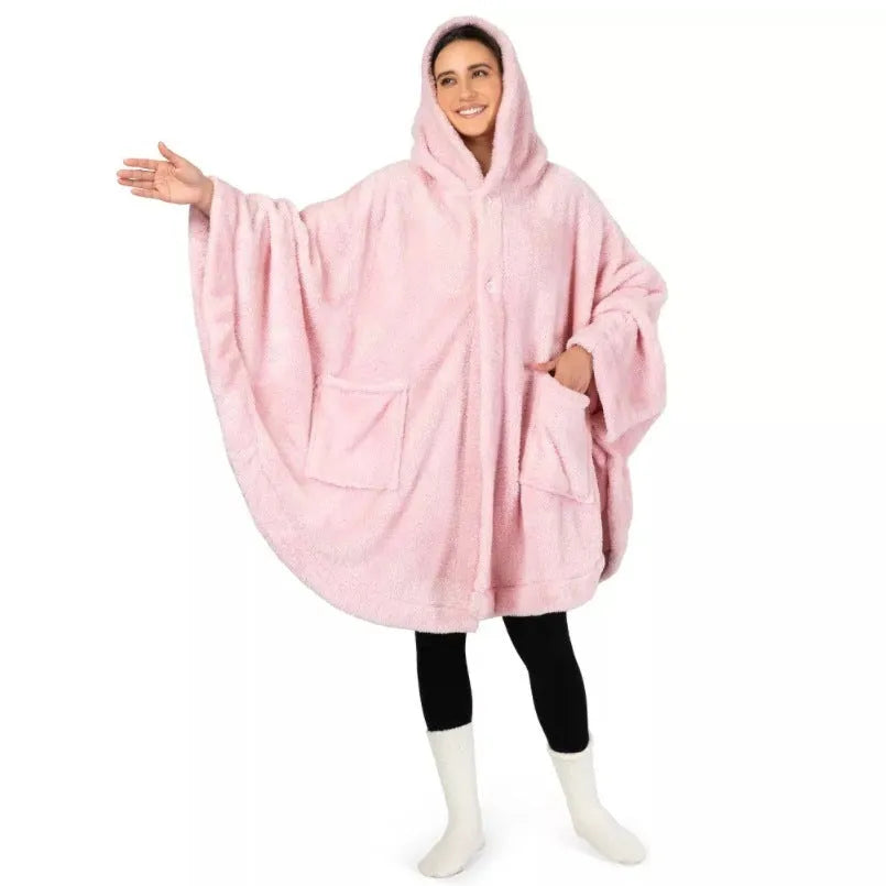 Thick hooded bathrobe in black colour with long sleeves and cardigan-style front
