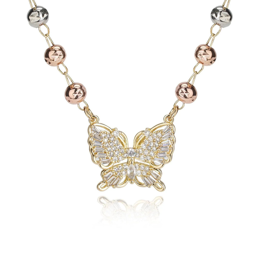 Gold butterfly necklace with zircon inlay on adjustable stainless steel chain, simple bow design for women
