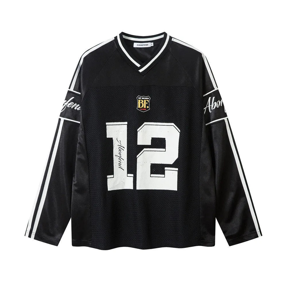 Long-sleeved t-shirt with digital print contrast colour design and V-neck styling in polyester jersey fabric