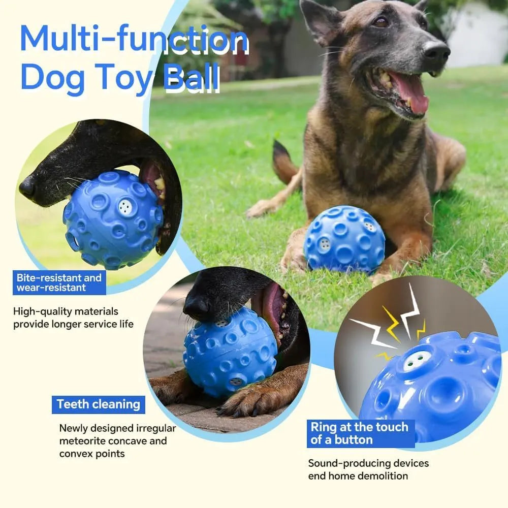 Colourful natural rubber dog toy ball with textured meteorite bumps for aggressive chewers with squeaky sound