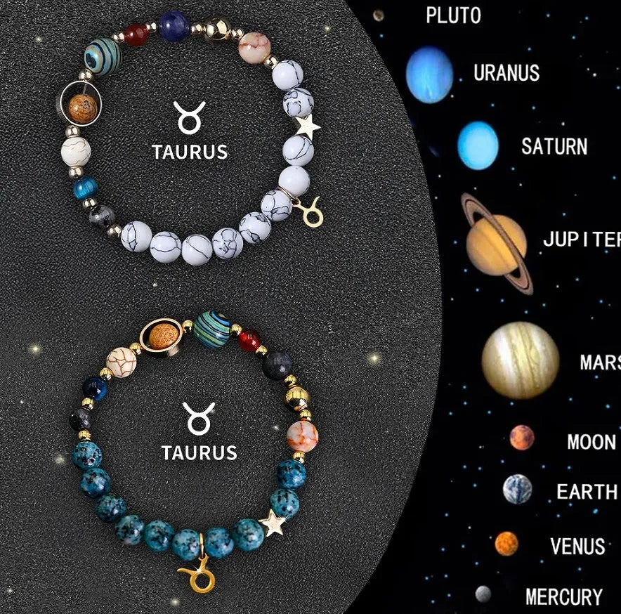 Two natural stone beaded bracelets with adjustable cords on a surface, representing a zodiac sign jewellery set.