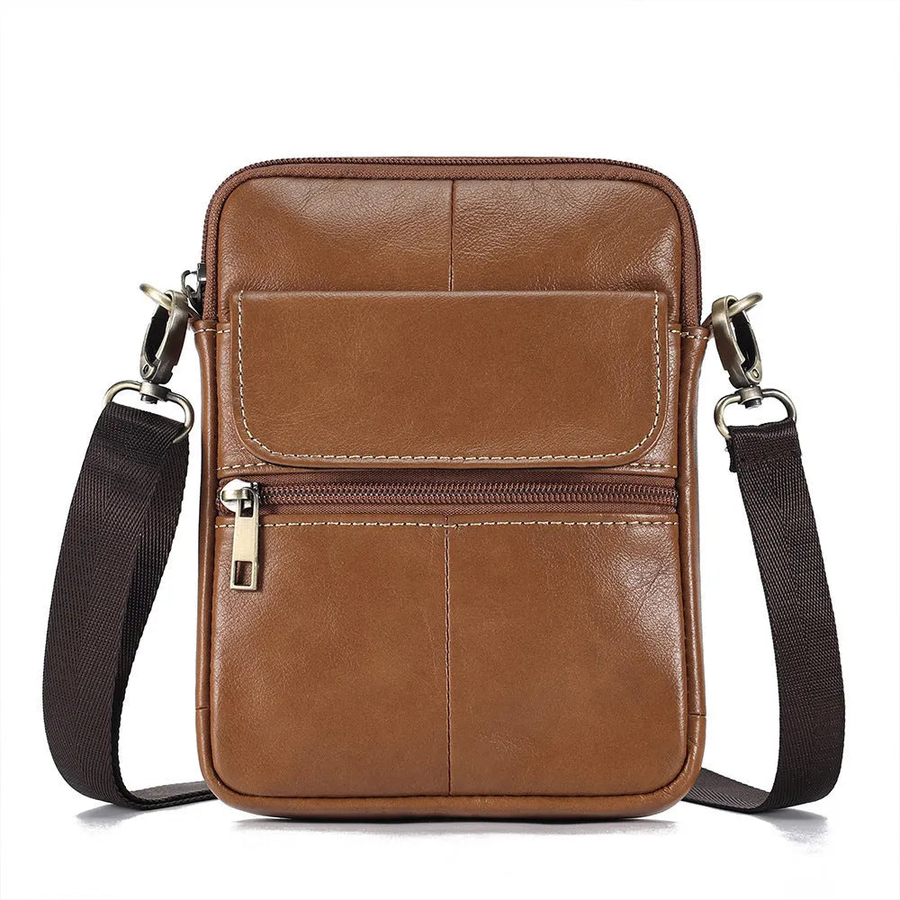 Men's brown genuine leather crossbody shoulder bag with visible stitching details