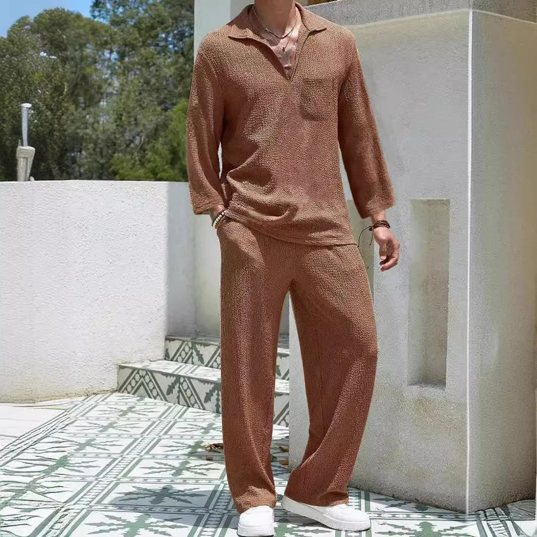 Men's casual polyester commuter suit with shirt and trousers in lake blue, khaki, black, or caramel colours
