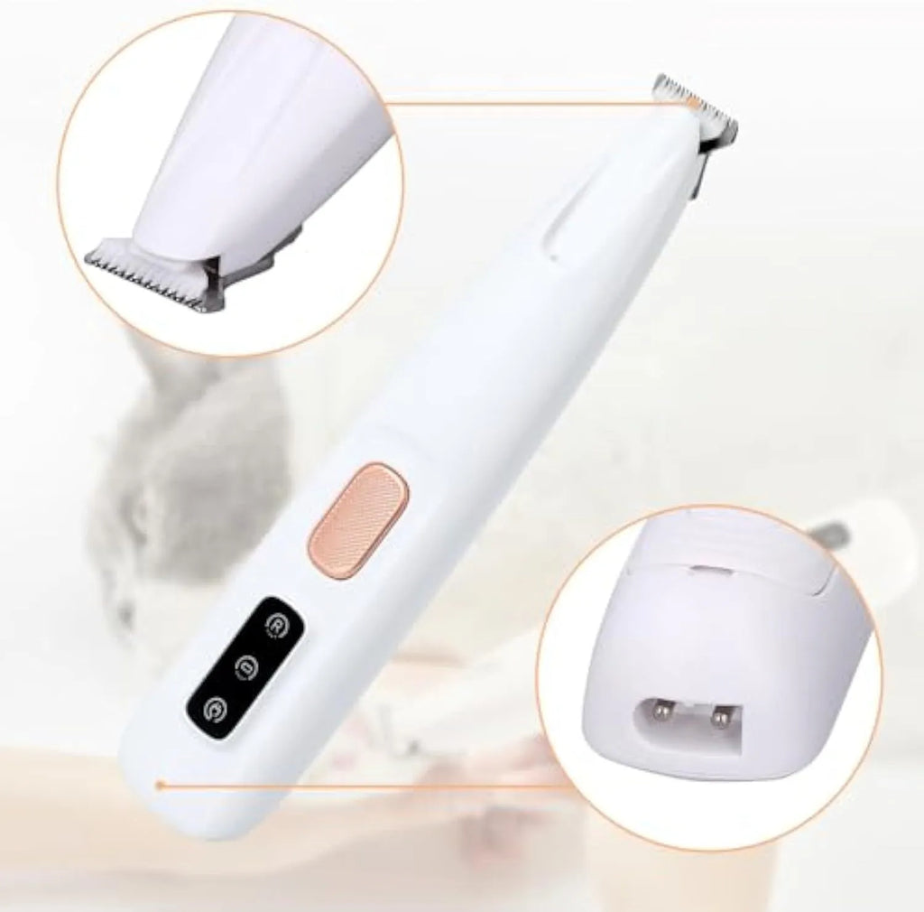 White rechargeable electric dog paw trimmer with LED light on a compact, low-noise grooming clipper.