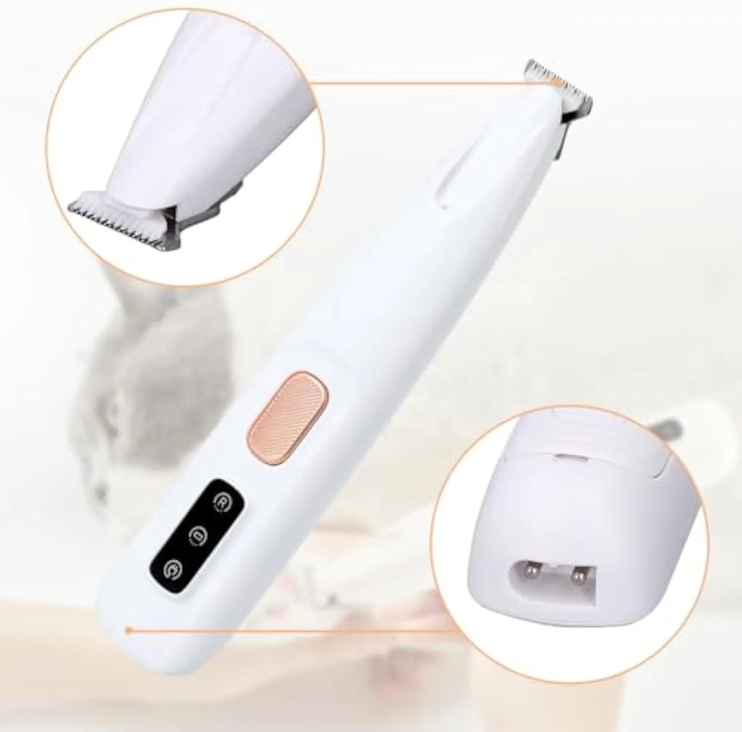 White rechargeable electric dog paw trimmer with LED light on a compact, low-noise grooming clipper.