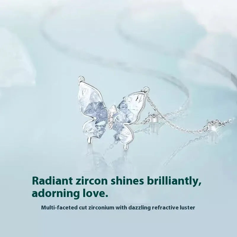 S925 sterling silver butterfly necklace with adjustable 41-50cm chain and ice rain pendant