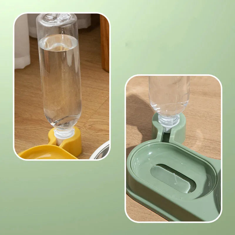 Brown elevated cat food bowl with attached water bottle dispenser on a floor.