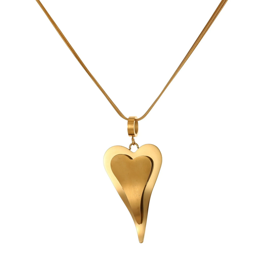 Women's stainless steel double heart snake bones chain necklace with geometric pendant