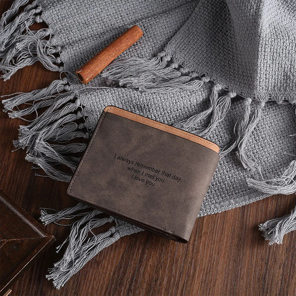Coffee brown engraved horizontal short wallet showing personalisation and seven interior compartments