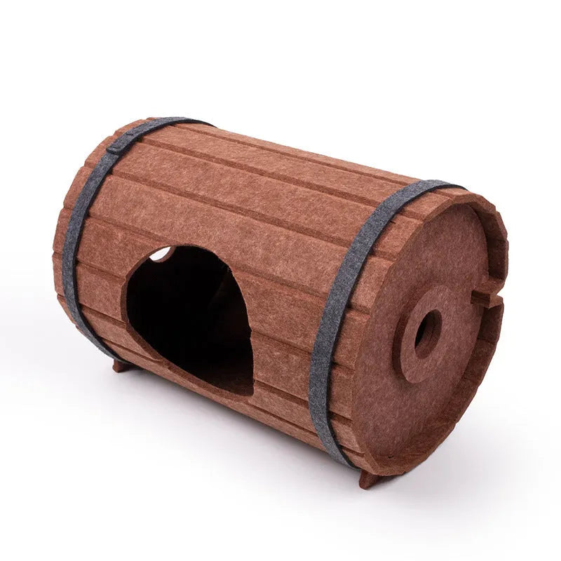 Assembled wine barrel cat bed with three polyester fibre felt boards and binding straps