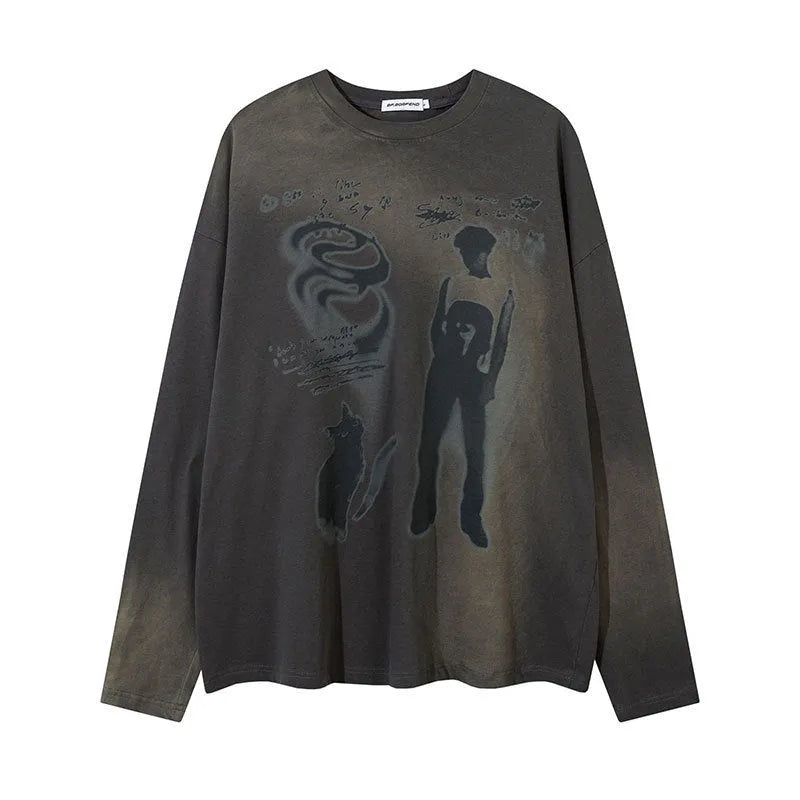 Women's loose casual pullover top in cotton with drop-shoulder sleeves in dark grey colour