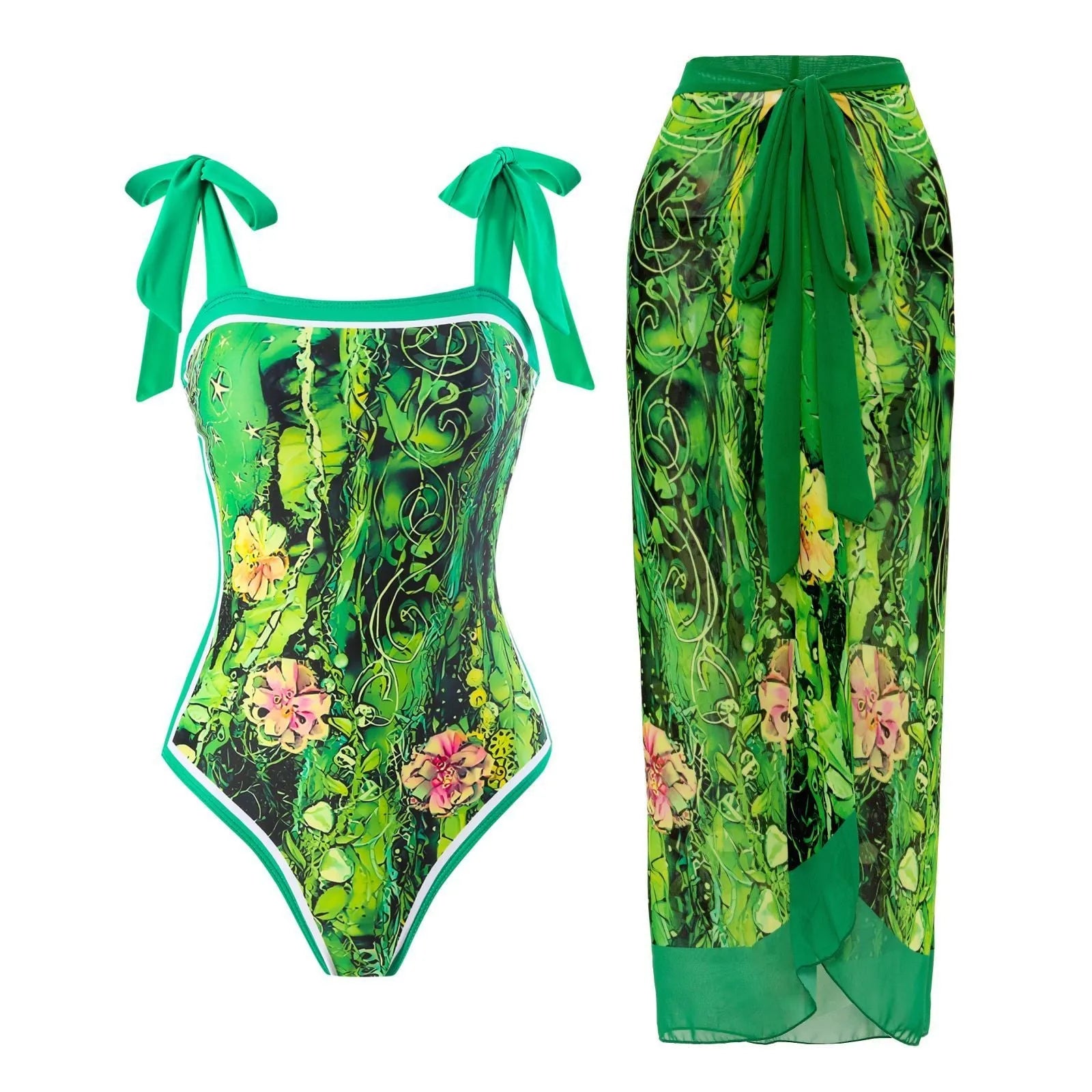 Women's retro one-piece swimsuit with chiffon skirt in floral pattern