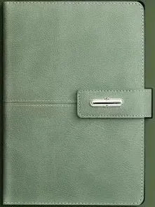 Custom A5 notebook with imitation leather cover in Business Black showing wood-free paper interior pages