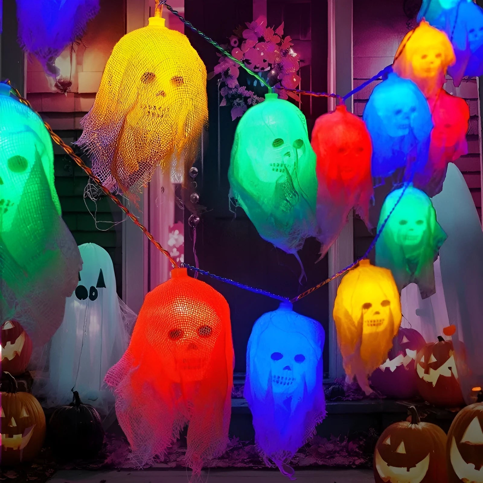 Halloween battery-powered coloured LED string lights on a plastic spool with battery box, options for 1.5m or 2.5m length.