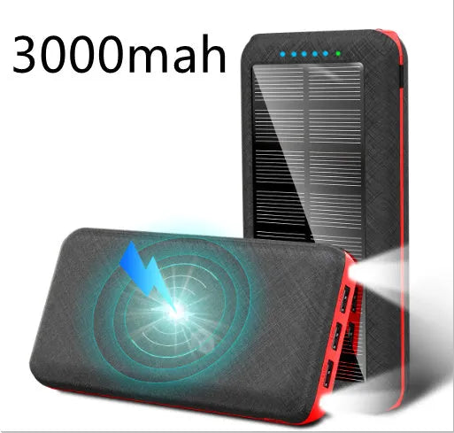 Portable power bank with wireless charging pad and three USB ports in black plastic casing