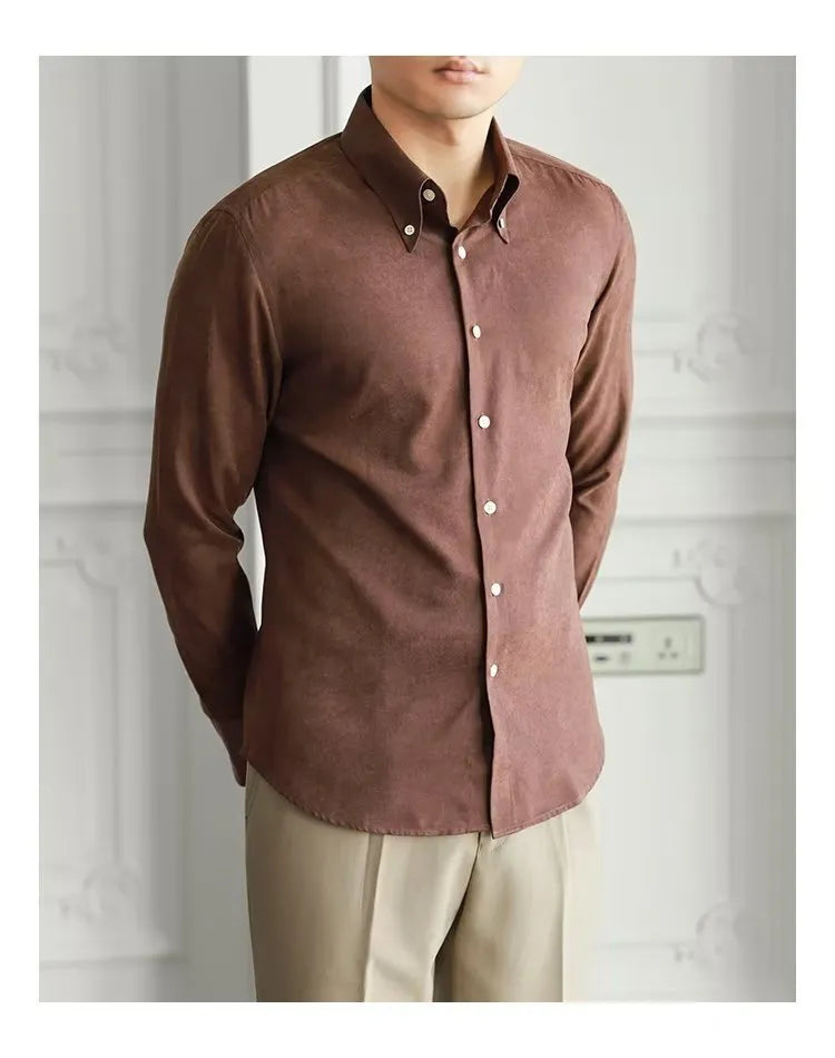 Men's pure color artistic lazy trendy shirt in cotton blend, brown, front view