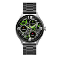 Smart watch with circular AMOLED screen showing health stats, on a black silicone wristband.