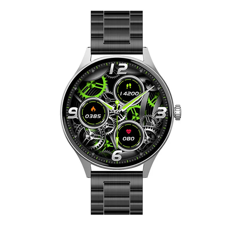 Smart watch with circular AMOLED screen showing health stats, on a black silicone wristband.