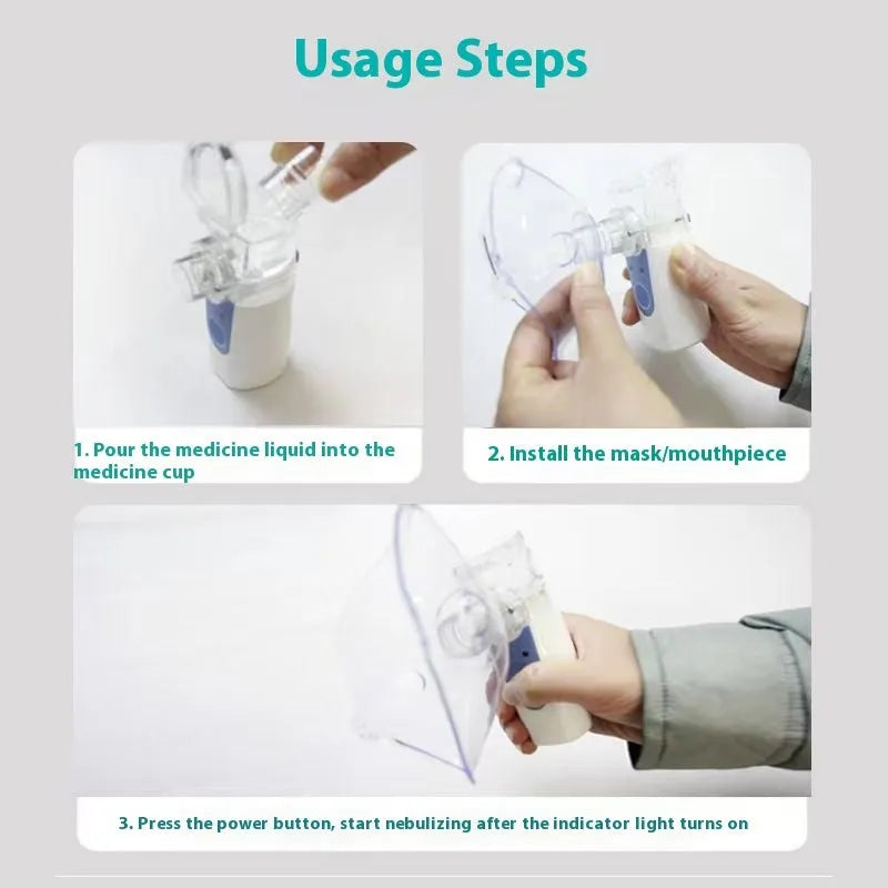 Handheld columnar plastic nebuliser with USB cable for humidification and drug atomisation.