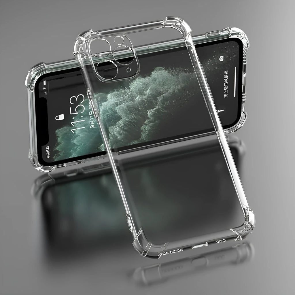 Clear transparent TPU shockproof phone case for Apple iPhone models on a plain background.