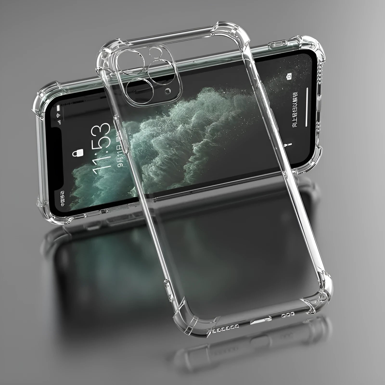 Clear transparent TPU shockproof phone case for Apple iPhone models on a plain background.
