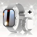 Smart watch with touch screen showing Bluetooth calling and health tracking features on silicone strap