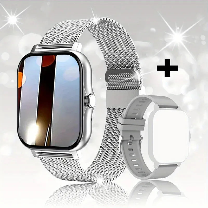 Smart watch with touch screen showing Bluetooth calling and health tracking features on silicone strap