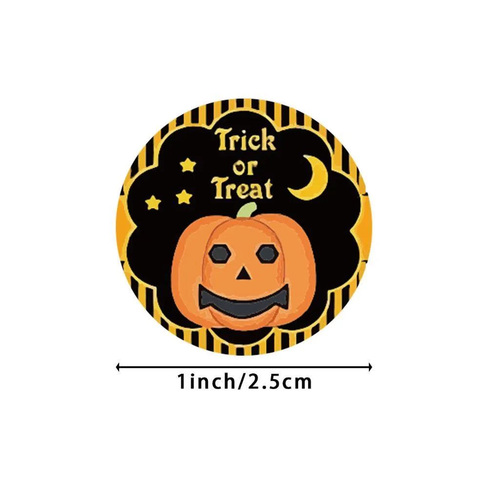 Roll of 500 Halloween pumpkin pattern PVC stickers in candy colours, each 2.5 cm diameter