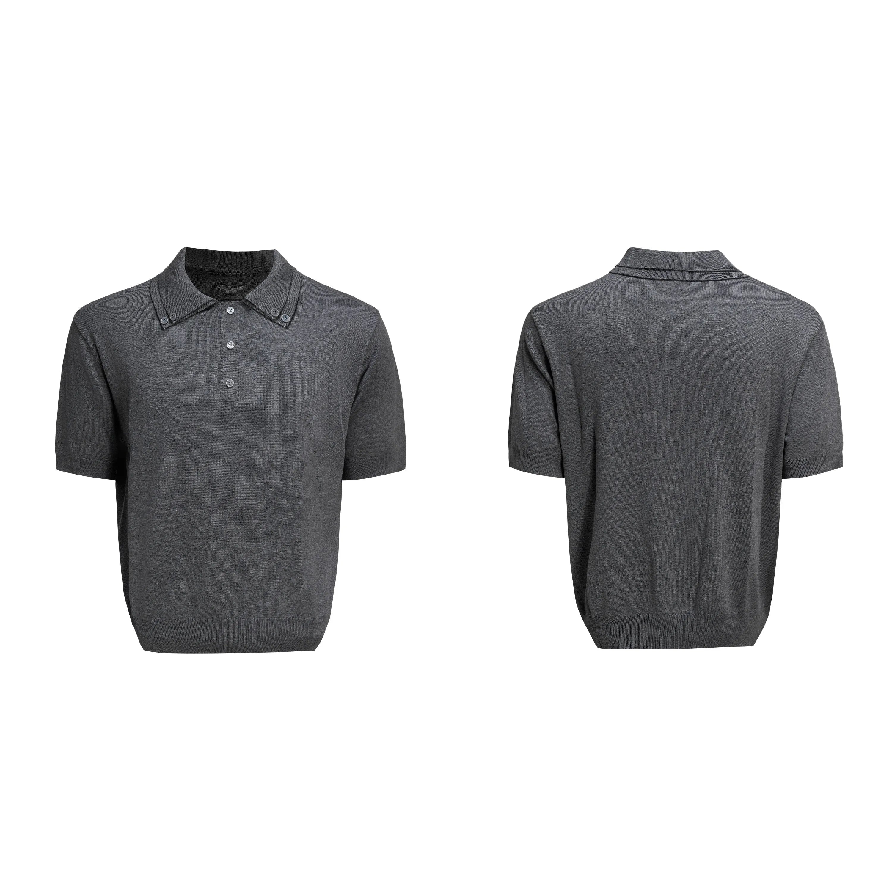 Men's black loose fit short sleeve shirt with lapel collar in polyester knit fabric