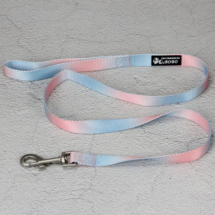 Gradient colour nylon dog leash and harness set shown in pink and blue combination.