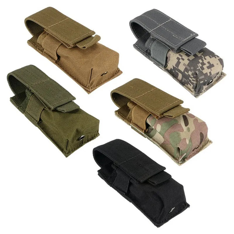 Military tactical waist bag with MOLLE straps and elastic cord closure in camouflage pattern