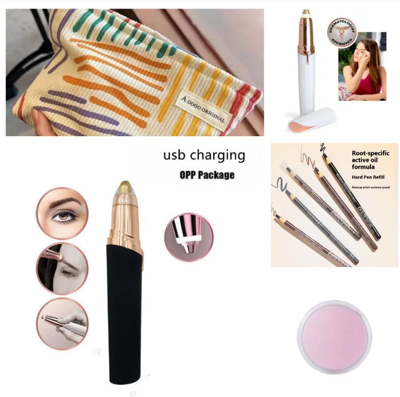 Eyebrow epilator pen with gold plated head and LED light on pink background